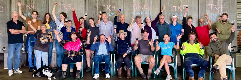 Volunteer picking crew at The Islander Estate Vineyards for vintage 2022